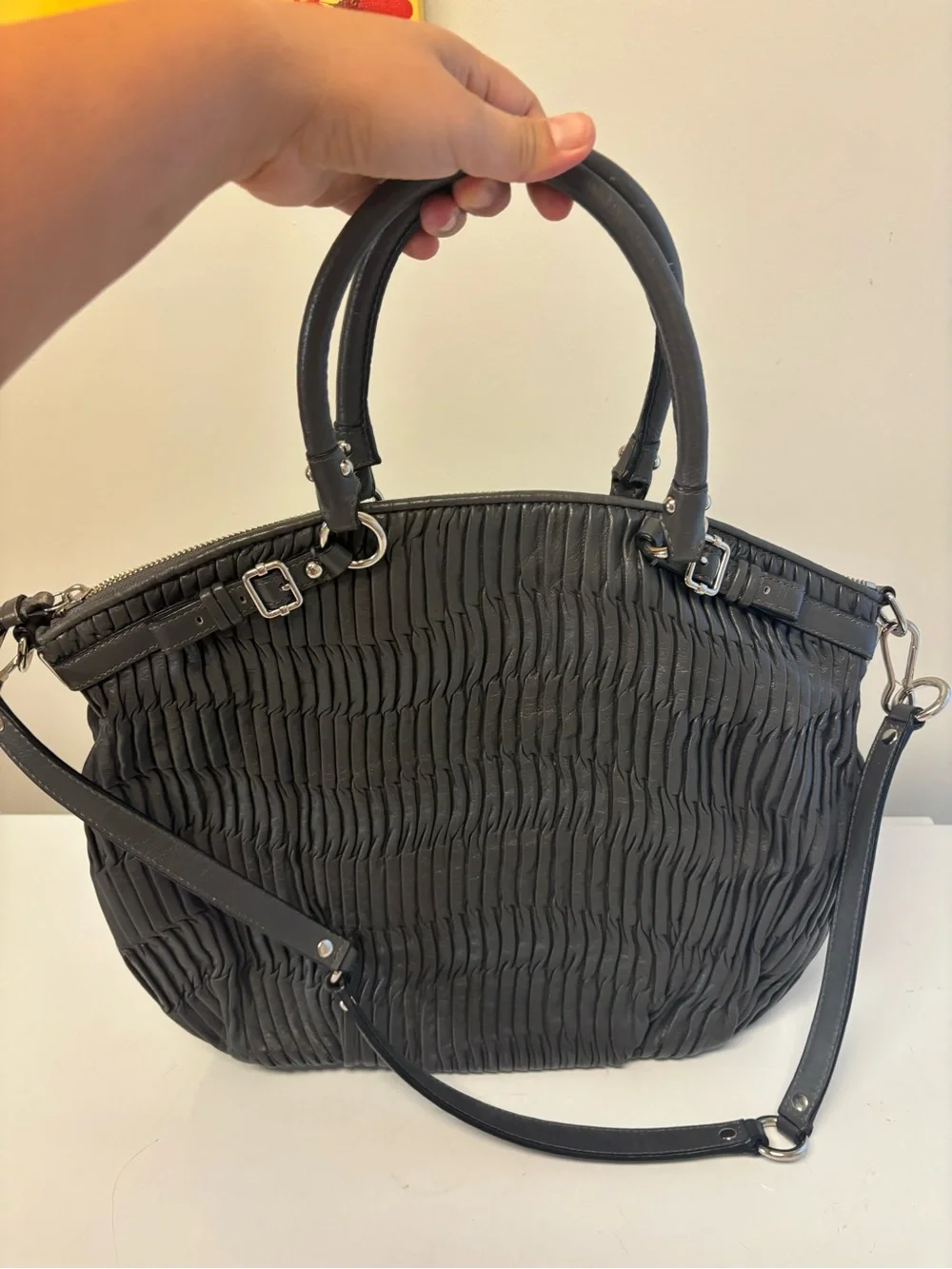 Coach Madison Gathered Leather Satchel Gray Crossbody Bag Purse
